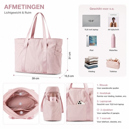 Yogatas Dames met Yogamat Houder - Sporttas & Schoudertas - Laptopvak 15,6 Inch - Waterafstotend Nylon - Roze - 39 x 31 x 15,5 cm - 18 Liter — afbeelding 4