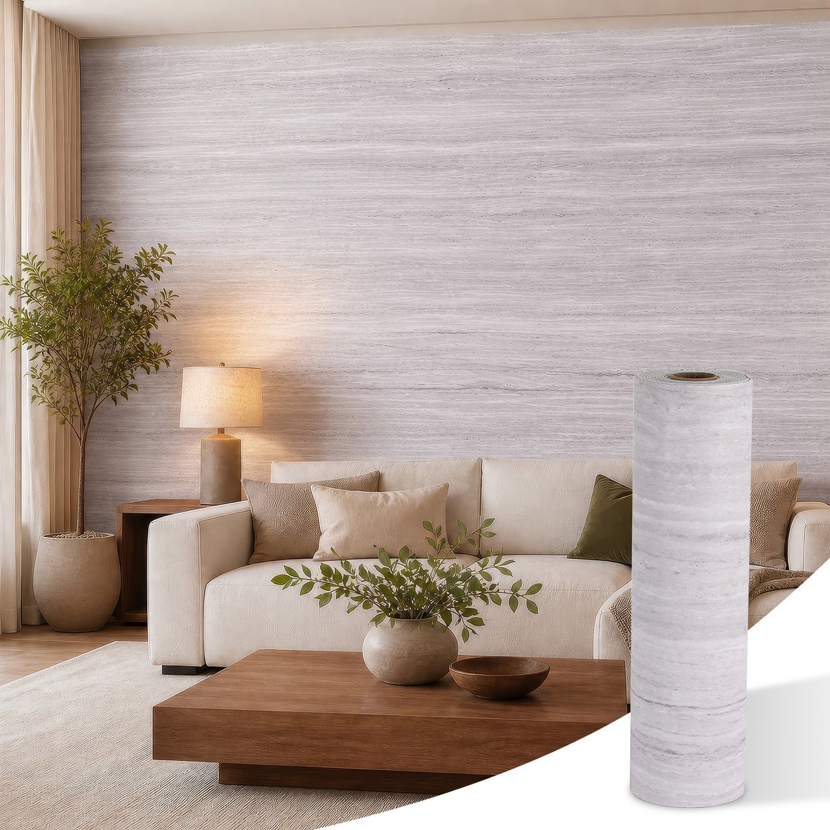 Lemlit Zelfklevend Behang Travertin Look - 40x300 cm - 2 mm - Muursticker Plakfolie Decoratiefolie voor Muur Vloer Tafel Kast - Lichtgrijs