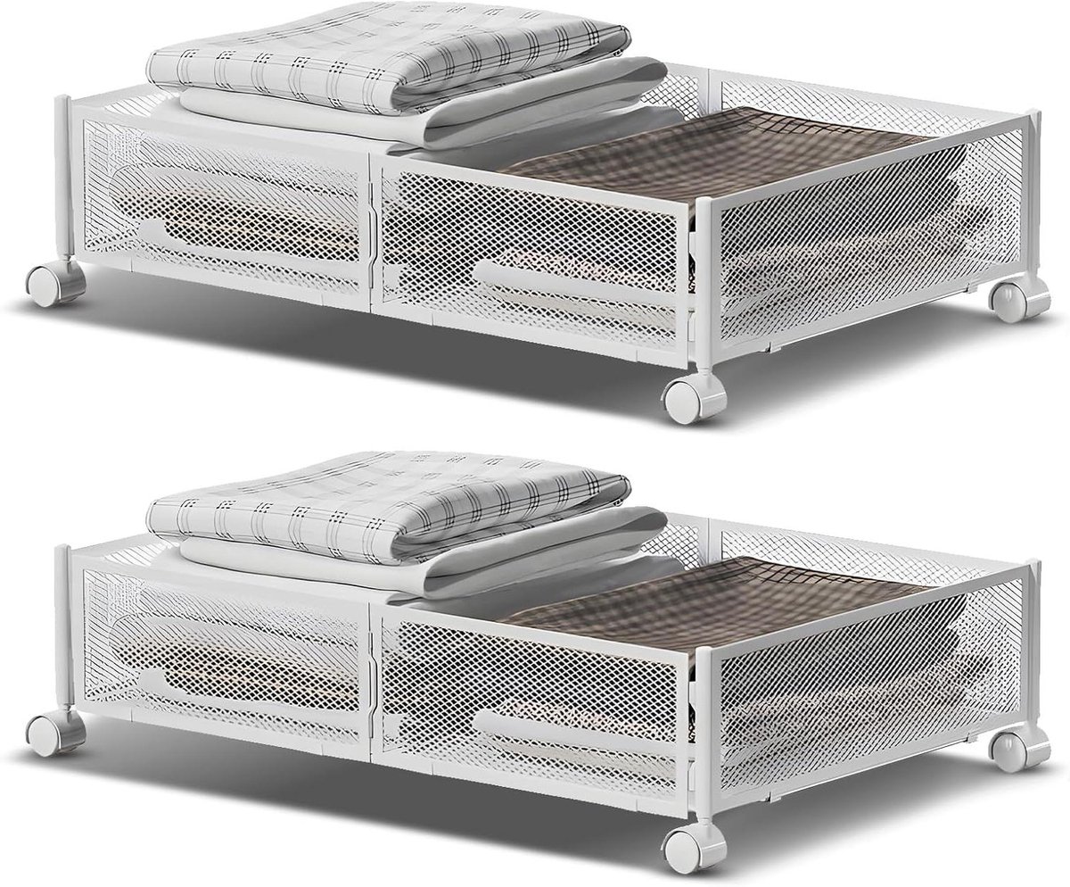 Opbergcontainer Onder Bed - Opbergbak Wielen - Ruimte Organiseren - Zichtbaar Rooster - 2 Stuks 62cm - Wit