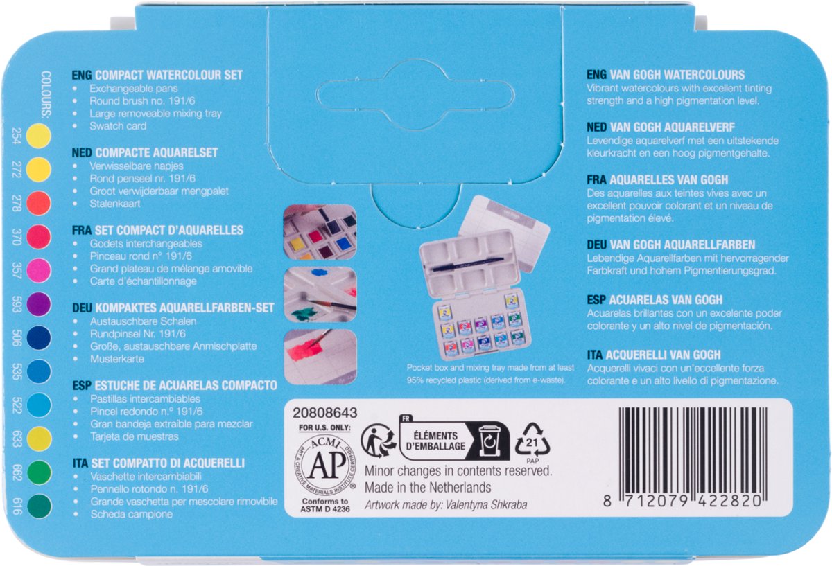 Van Gogh Aquarelverf pocket box felle tinten met 12 kleuren in halve Napjes — afbeelding 5