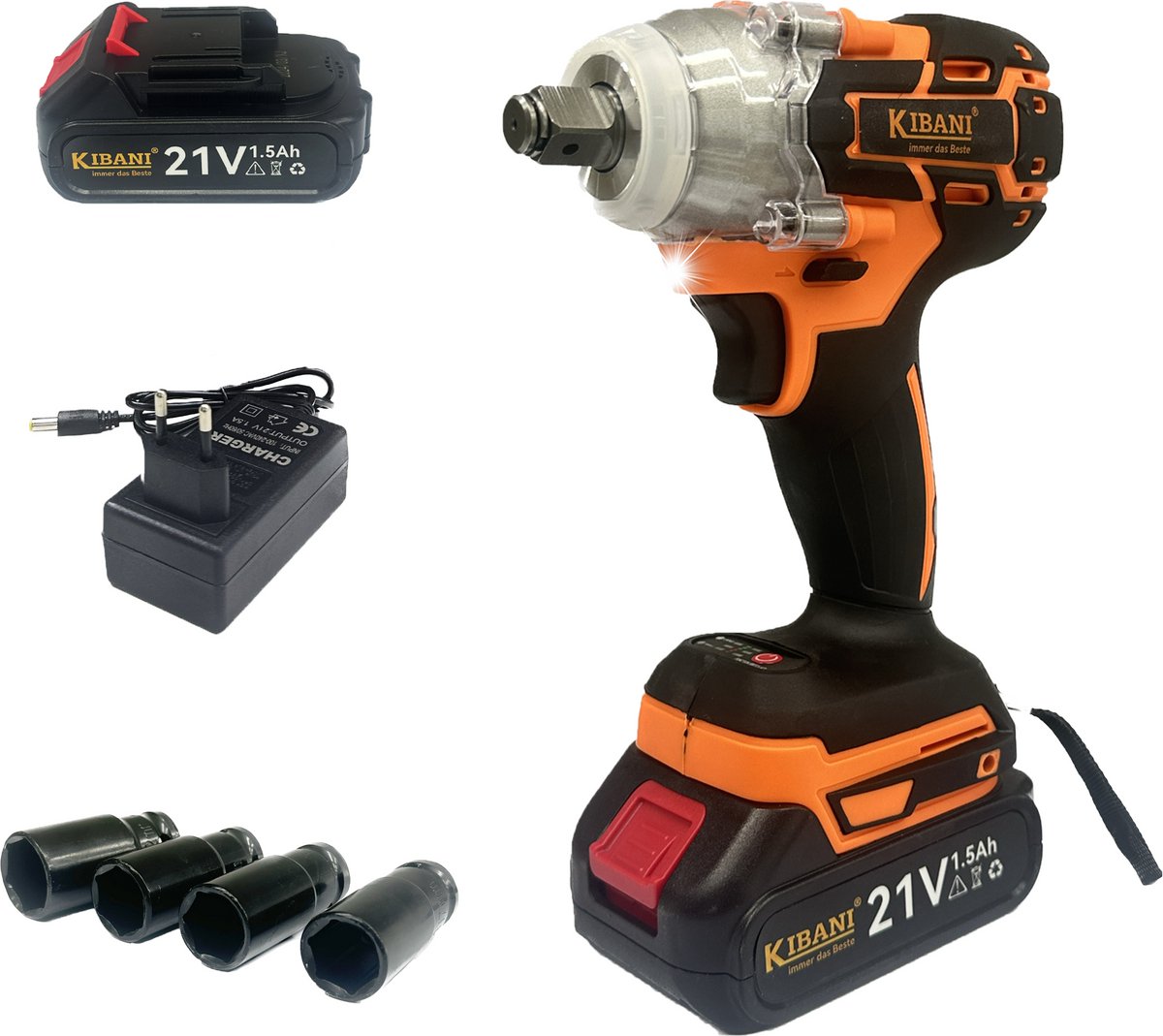 Kibani Accu Slagmoersleutel 18V - incl. accu 1500mAh en oplader - slagmoersleutelset - slagmoersleutel met accu - slagmoersleutel elektrisch - LED verlichting