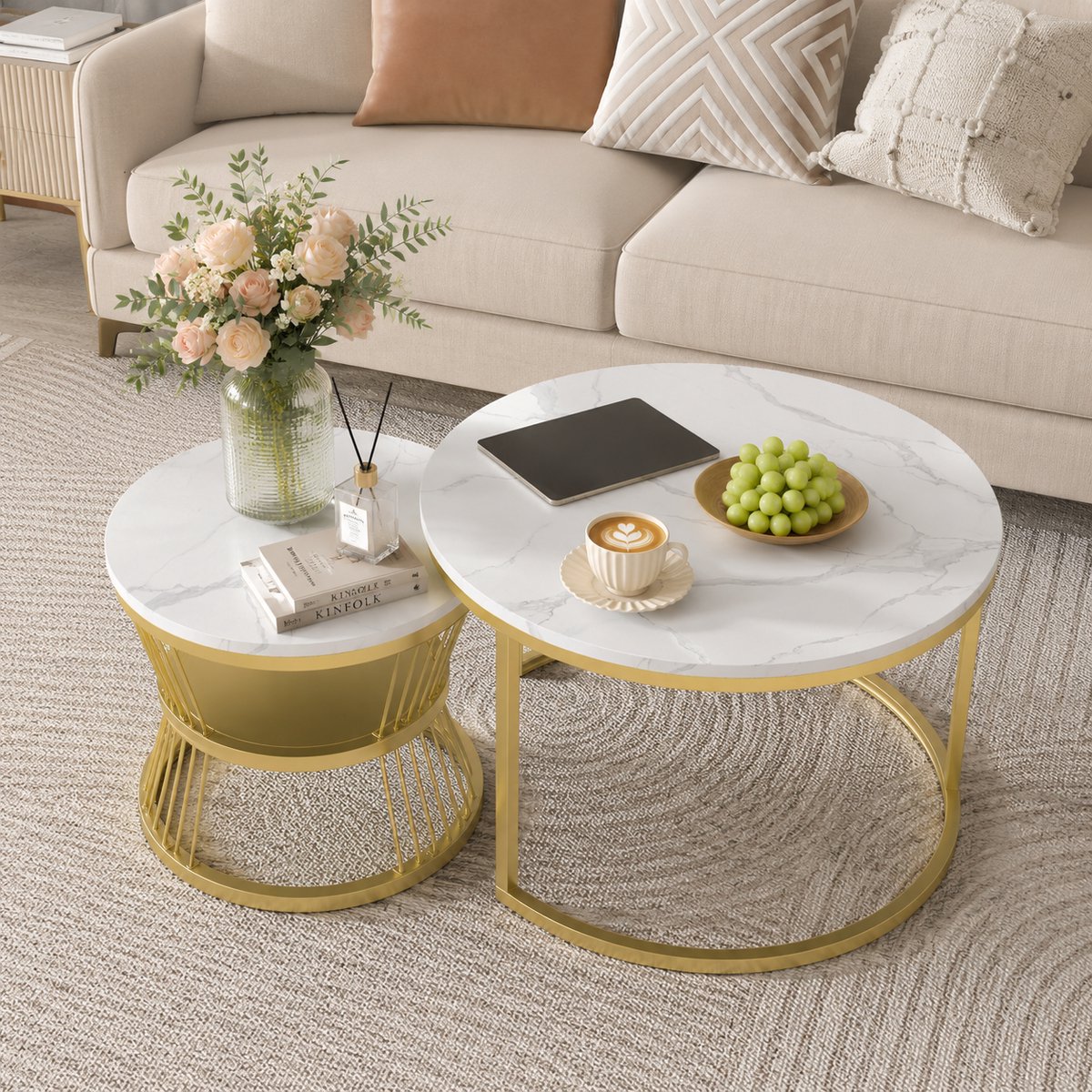 Salontafel Rond Goud Metalen Set Van 2 – Table Basse Ø70cm & 45cm - Bijzettafel Industrieel - Wit Marmer - Hoogte 45/40 cm
