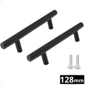 Twee zwarte, cilindrische handgrepen van 128 mm met schroeven.