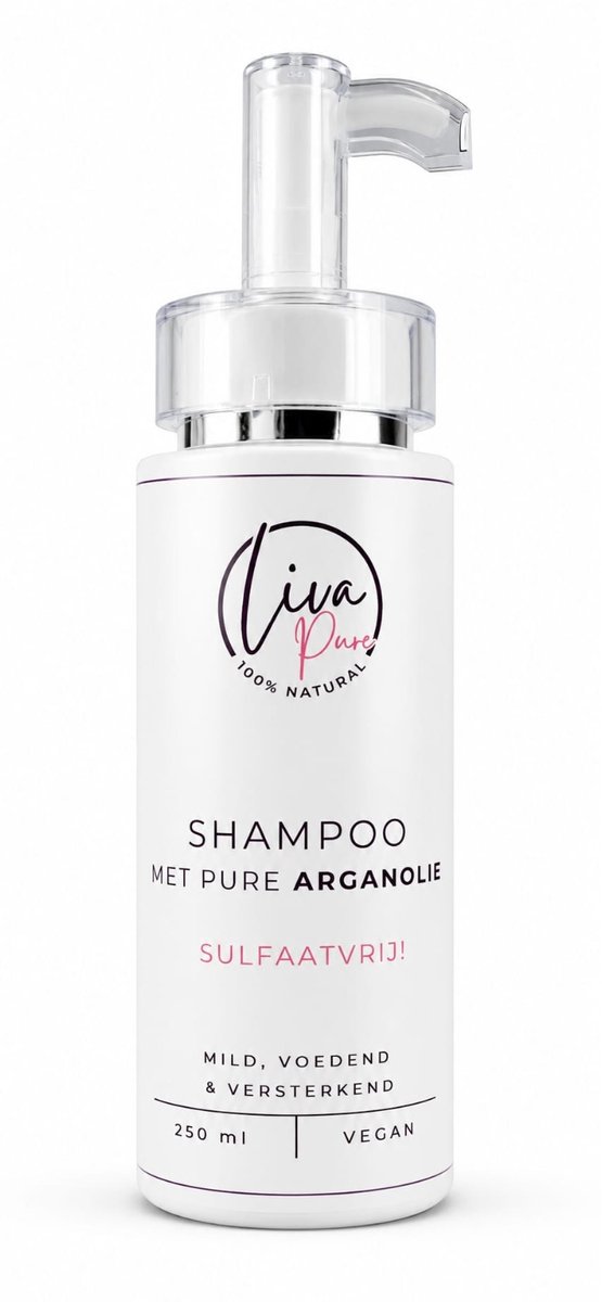 Liva Pure - Sulfaatvrije shampoo met pure Arganolie 250 ml - Reinigt het haar zacht, zonder uitdroging - Behoudt natuurlijke oliën en glans - Vermindert pluizig en broos haar - Geschikt voor gekleurd haar en gevoelige hoofdhuid - Met pure Arganolie