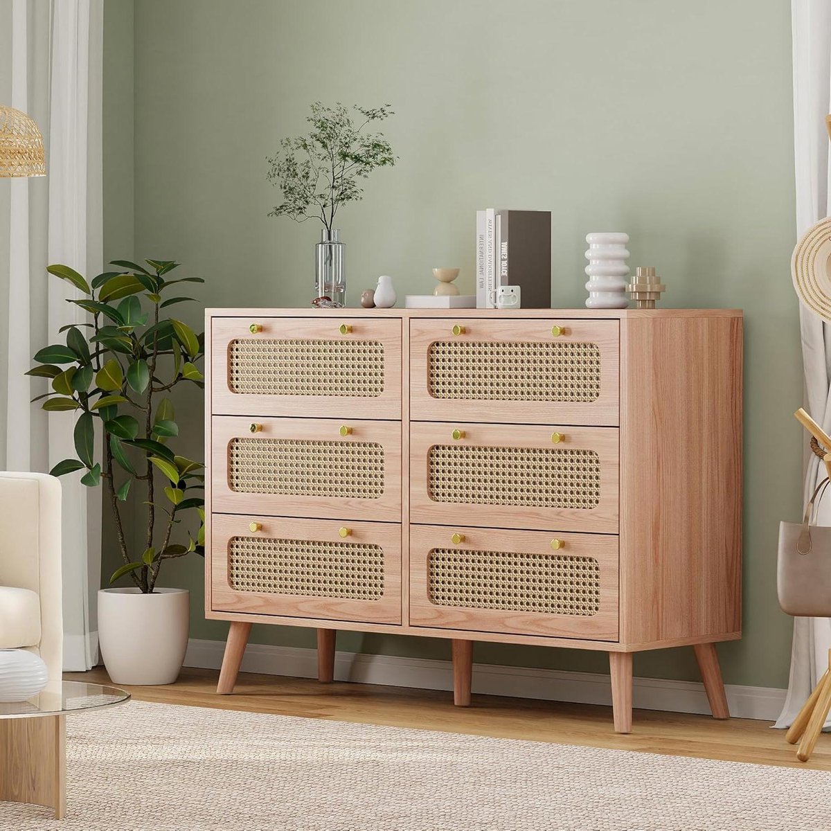 Ladekast met 6 laden - Opbergkast Houtkleur - Slaapkamer Organiseren - Uniek Rotan Ontwerp