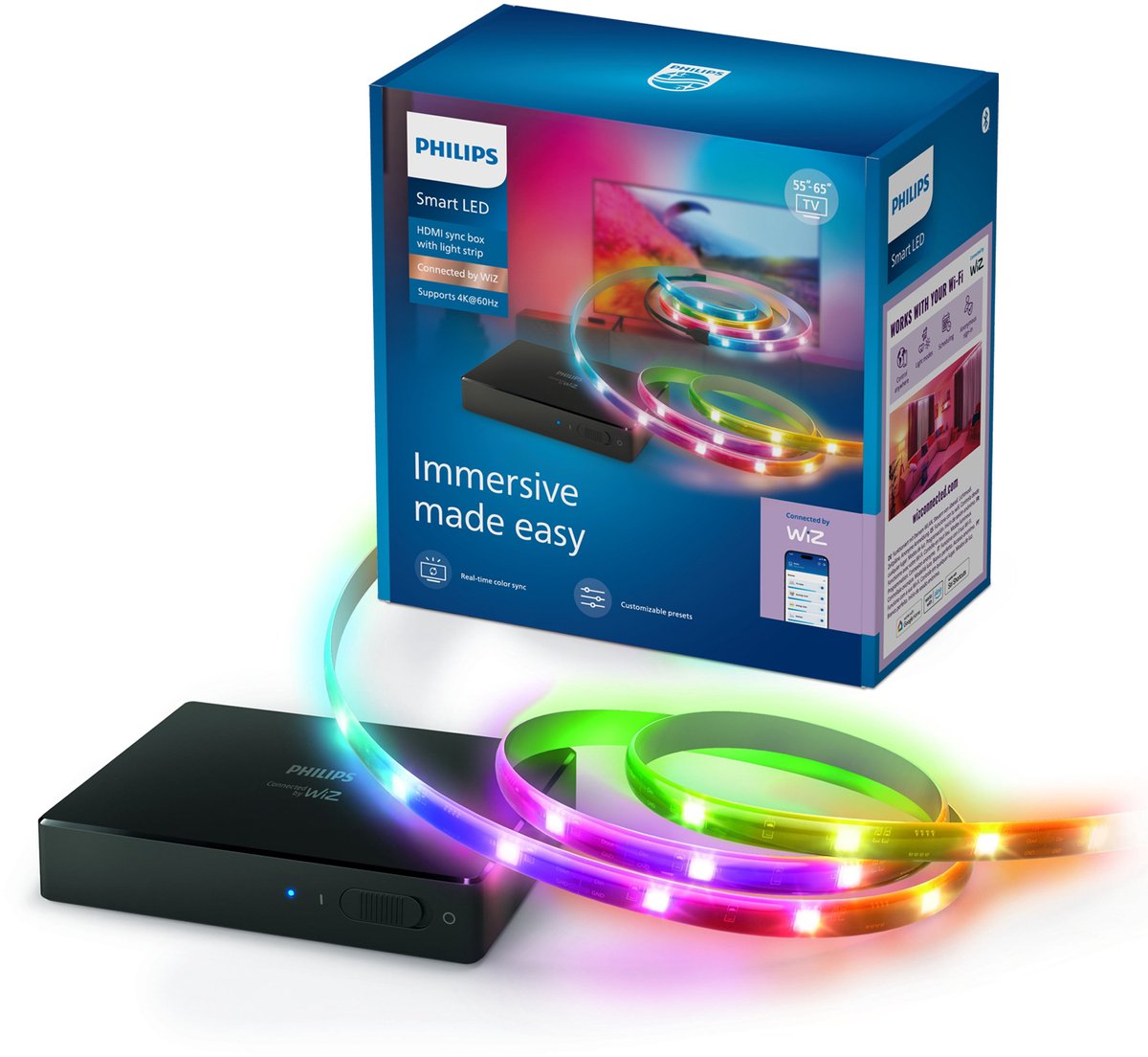 Philips Smart Lighting - HDMI 2.0 Sync Box - 4K bij 60Hz - Inclusief RGBIC LED strip voor 55 tot 65 tv's - Synchroniseer je verlichting met je beeldscherm - Werkt met de WiZ app - Wifi - Entertainment starterkit