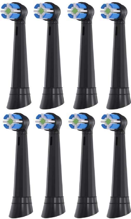 Acht zwarte opzetborstels met blauwe, groene en witte borstelharen.