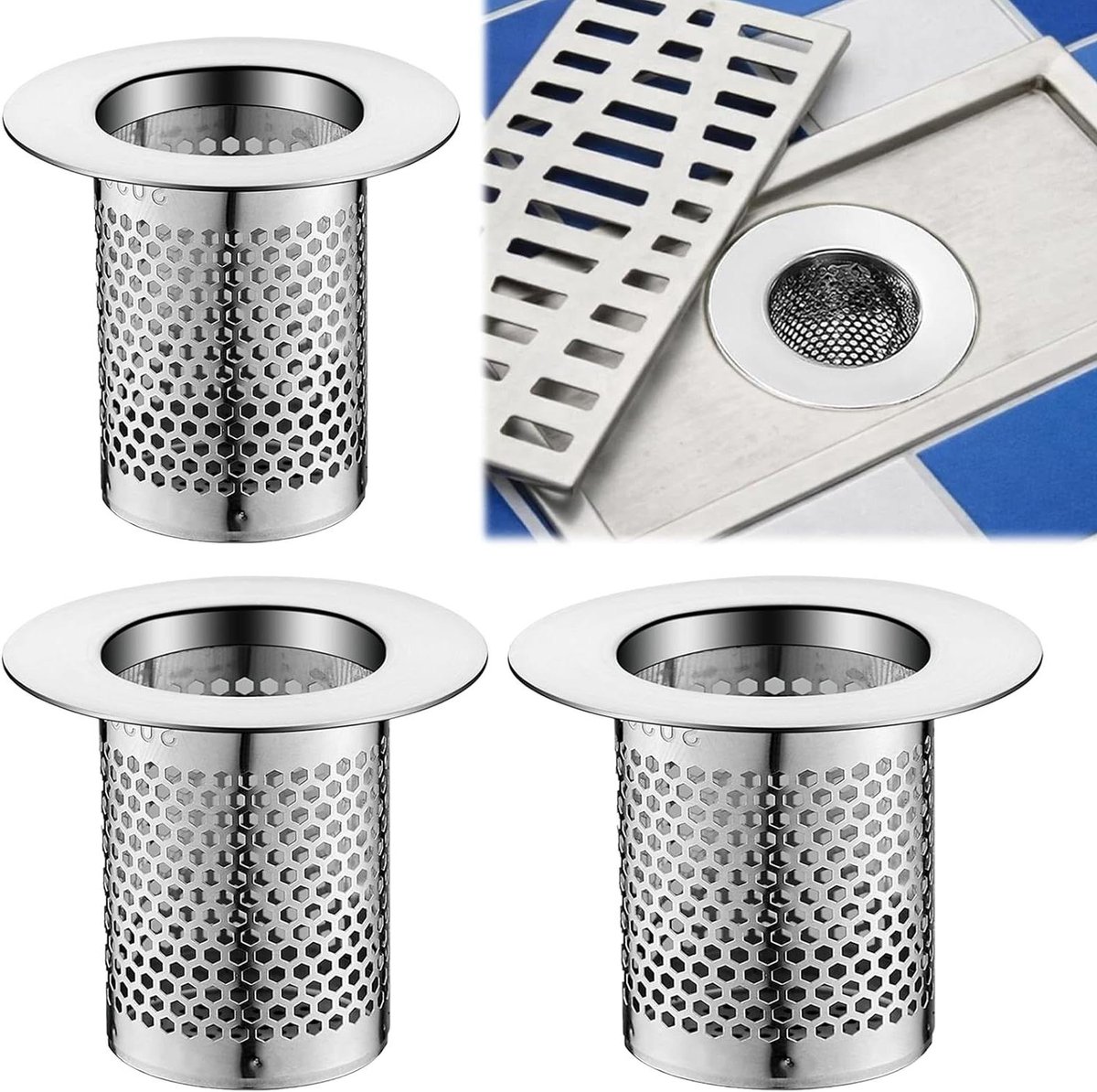 Afvoerzeef Set - Wastafel Douche - Verstopping Voorkomen - Roestvrij Staal - 3 Maten - Zilver