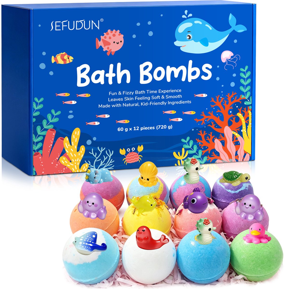 SEFUDUN Badbommen Kinderen – 12 Stuks Bath Bombs – Bruisballen Cadeauset – Verrassing Speelgoed – Natuurlijke Ingrediënten – 720g