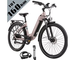 Elektrische Fiets – 790Wh Accu (21Ah) – Actieradius tot 160 km – 700C×50C Banden – Shimano 7 Versnellingen – Aluminium Frame – Verende Voorvork met Lock-out – Hydraulische Schijfremmen – Stadsfiets – Max. Belastbaar 120 kg – goudroze