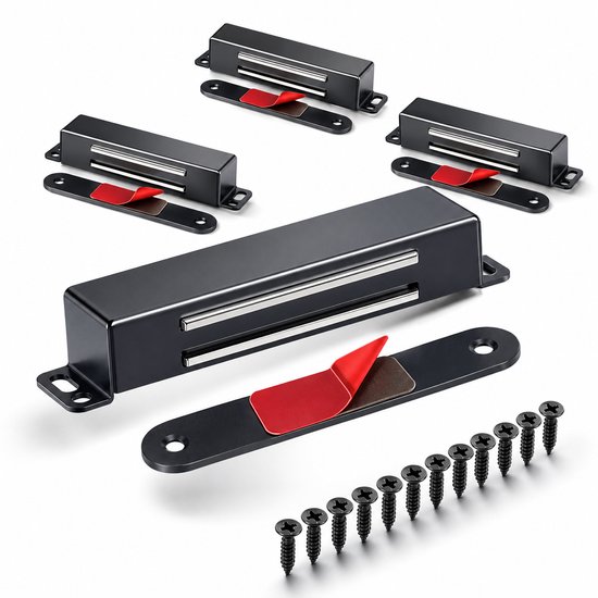 Zwarte magnetische deurvangers met rode sluitstrips en schroeven.