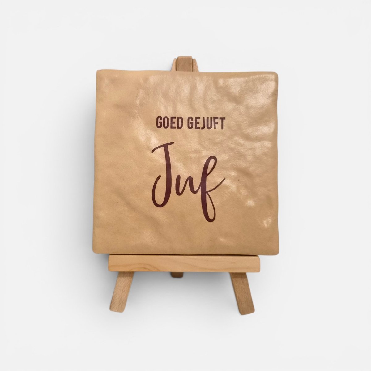 Troubadot | Tegeltje Juf | Cadeau | Inclusief houten houder | goed gejuft! | Afscheid | Juf | 10x10 cm | Bedankt Juf