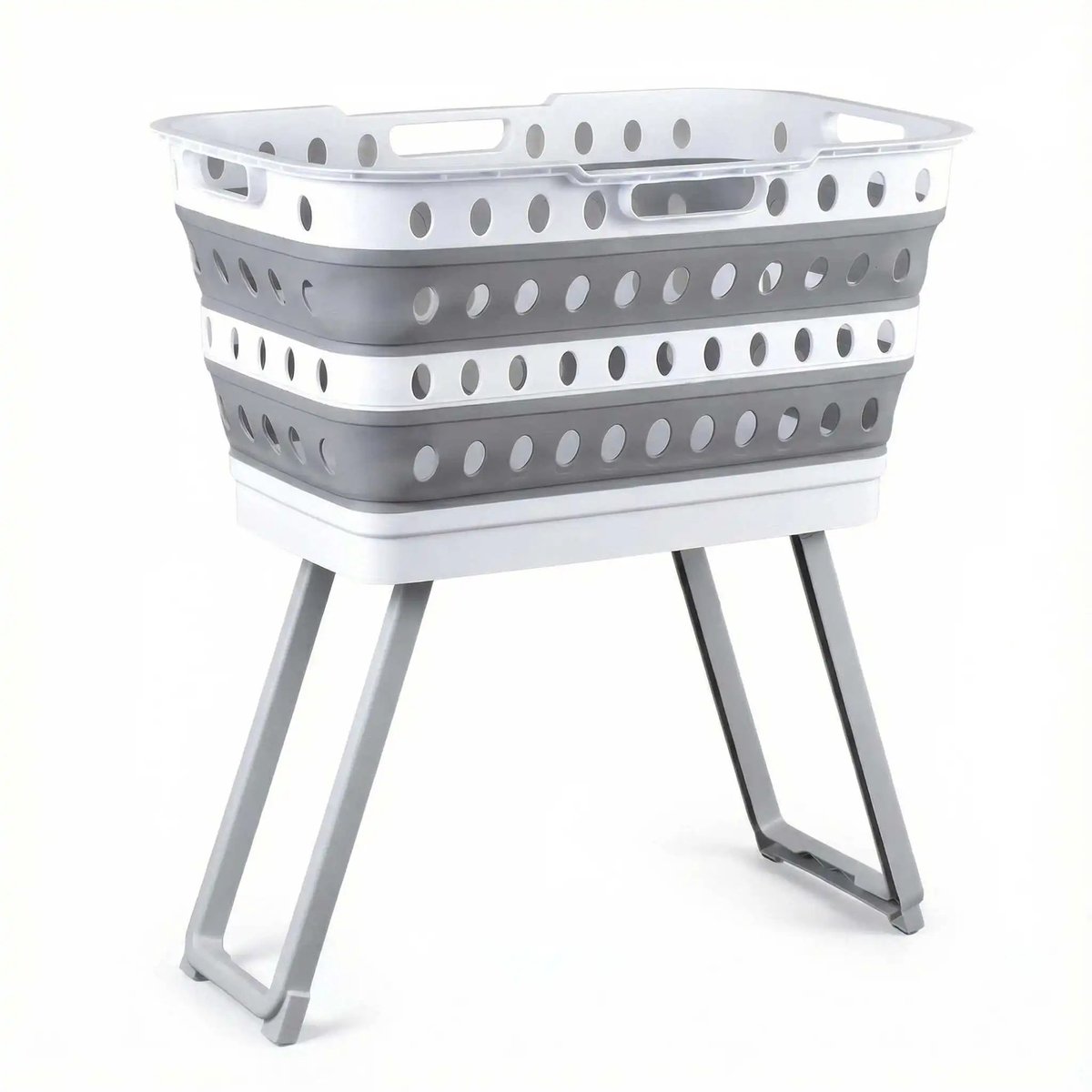 Opvouwbare Wasmand met Onderstel XL - 65L - Vrijstaande Wasmand - Ruimtebesparend - Grijs/Wit - Wasmand