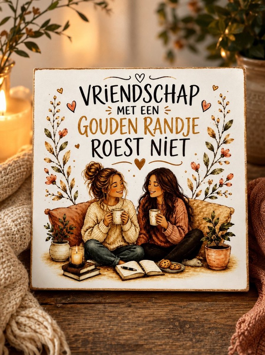 Tegeltje Vriendschap met een Gouden Randje Roest Niet – Keramische Decoratietegel 15x15 cm – Cadeau voor Vriendin