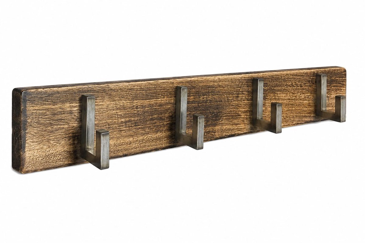 Kapstok 4 haken hout vintage - Wandkapstok industrieel - Garderobe met metalen haken - Inclusief montageschroeven - 50 cm