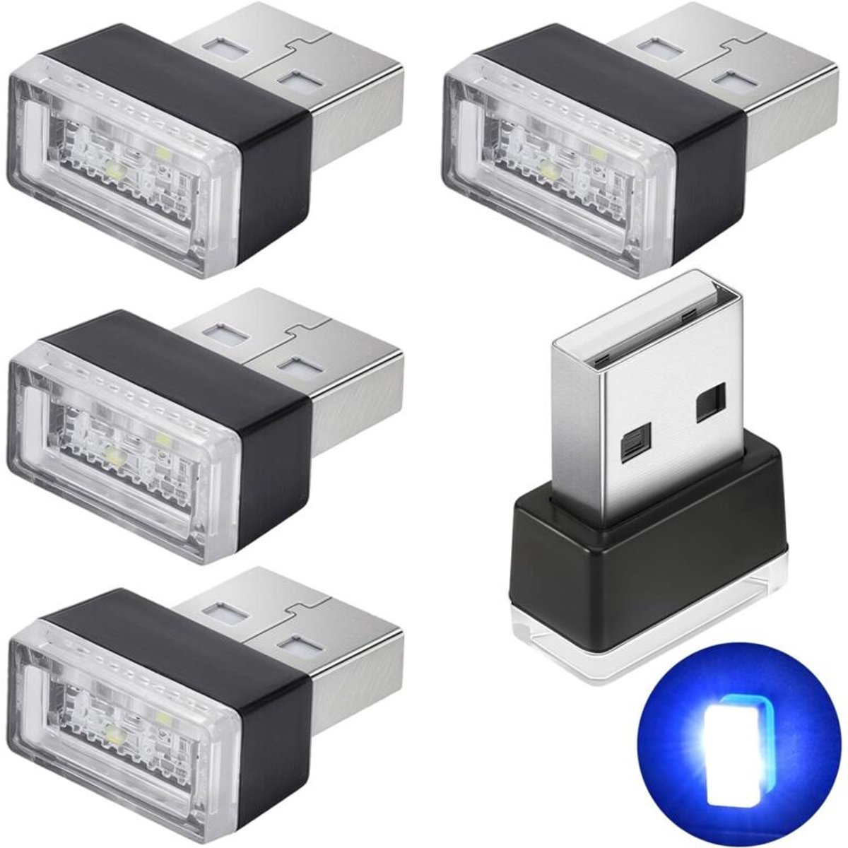 Vijf blauwe LED-sfeerlampjesgeschikt voor in de auto, 5V plug-in mini sfeerverlichtingssetgeschikt voor het interieur, geschikt voor auto's, laptops en USB-aansluitingen.