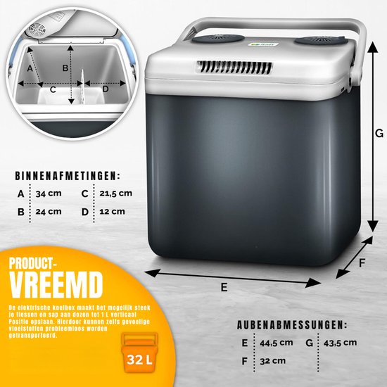 TIM® Elektrische Koelbox - 32 Liter Koelbox Elektrisch 12V 230 Volt - Koelbox Auto - Coolbox Met Verwarmingsfunctie en Lichtgewicht - Koelt & Verwarmt - Mini Koelkast - Grijs - 45cm x 32cm x 44cm van Tim — afbeelding 5