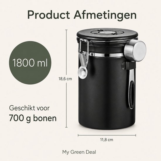 Zwarte koffiebewaarbus, 18,6 cm hoog en 11,8 cm breed, met zilverkleurige sluiting en lepelhouder.