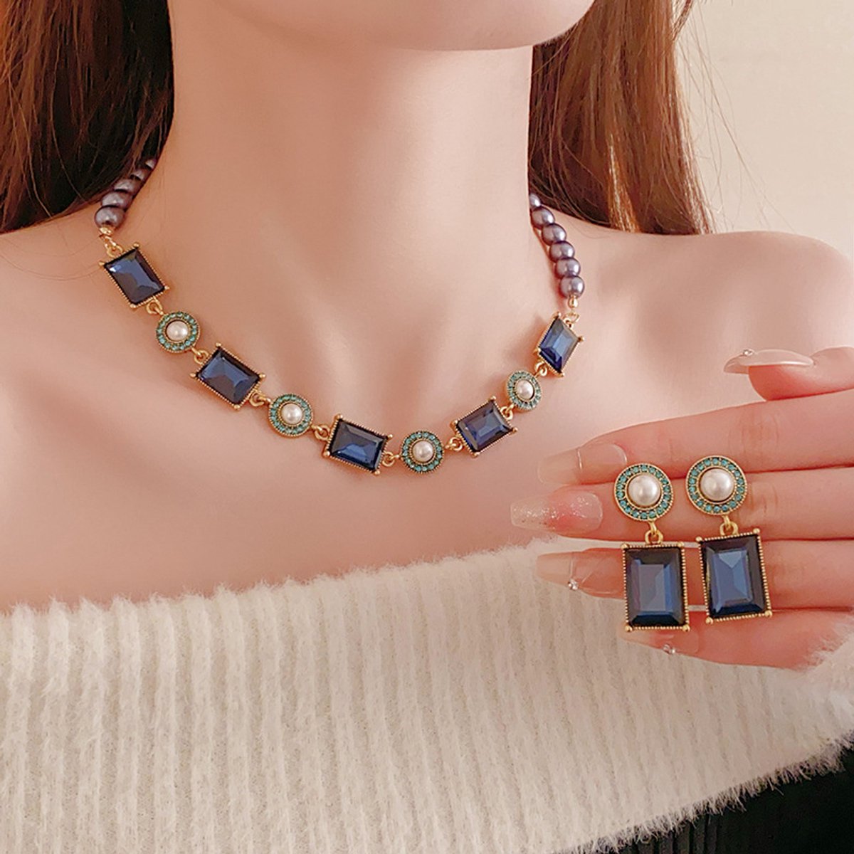 Sieradenset / Vintage ketting en oorbellen set / vierkante diamanten en parel choker oorbellen set
