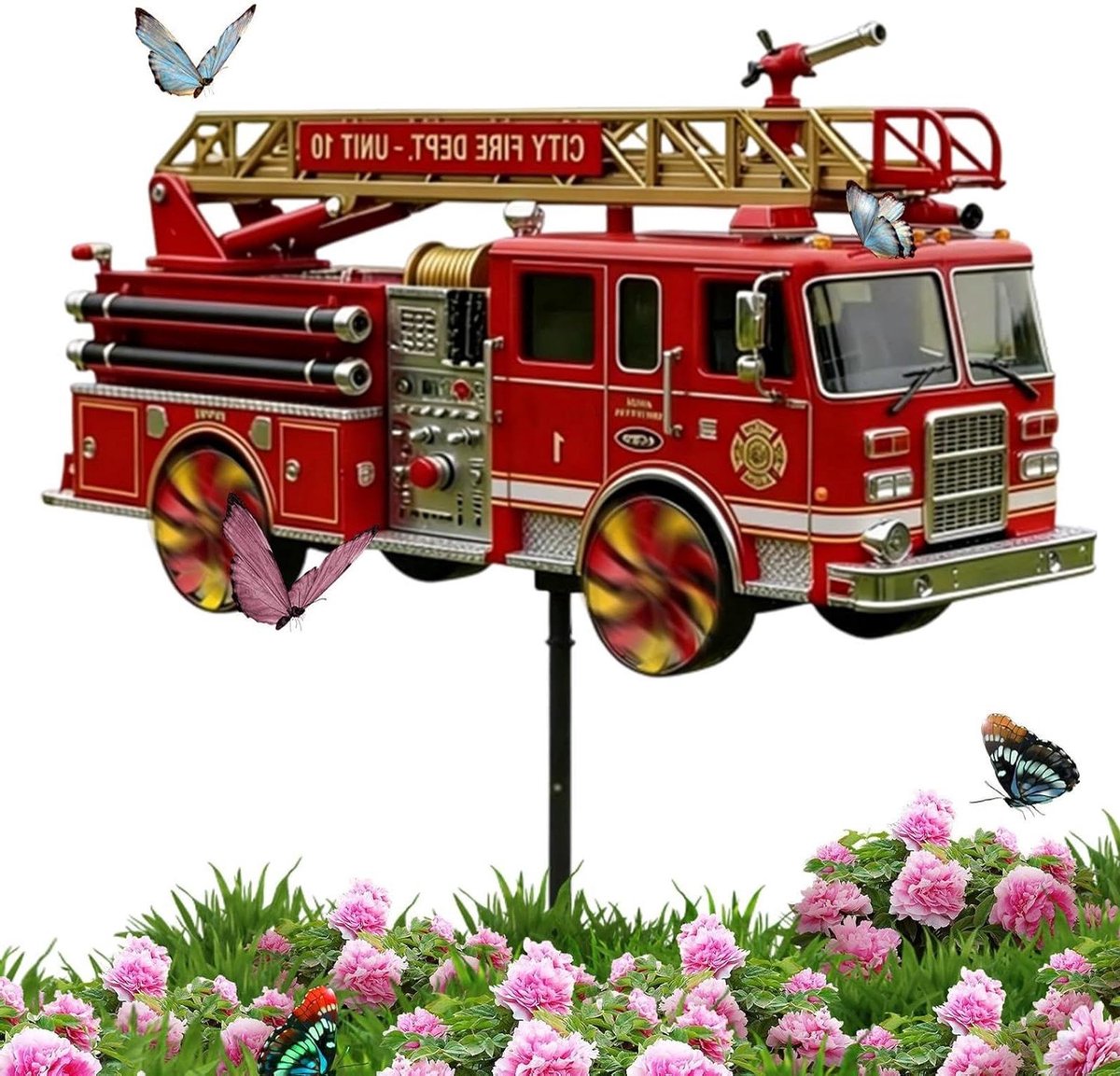 Windwijzer Brandweerwagen - Windmolen Tuin - Tuin Decoratie - Weerbestendig Metaal - 28 x 14 cm - Meerkleurig