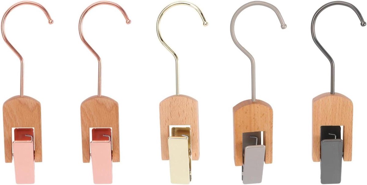 Houten Klemmen - Wasknijpers - Kleding Drogen - Met Haken - 5 Stuks - Diverse Kleuren