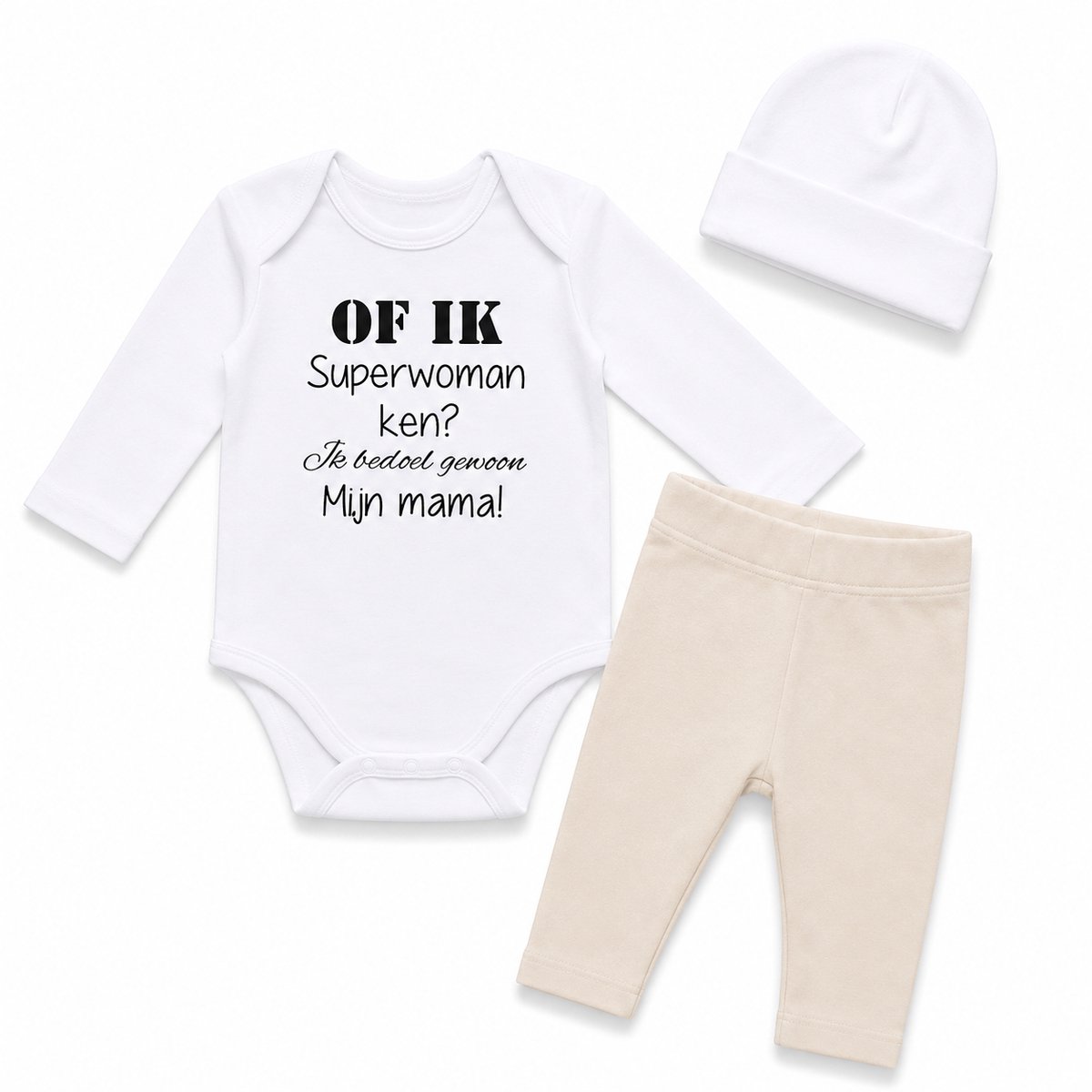 Baby cadeau geboorte unisex jongen of Meisje Setje 3-delig newborn | maat 50-56 | grijs mutsje en broekje en romper lange mouw wit met zwarte tekst of ik superwoman ken je bedoelt gewoon mijn mama | Bodysuit | pakje | Kraamcadeau | Gift Set