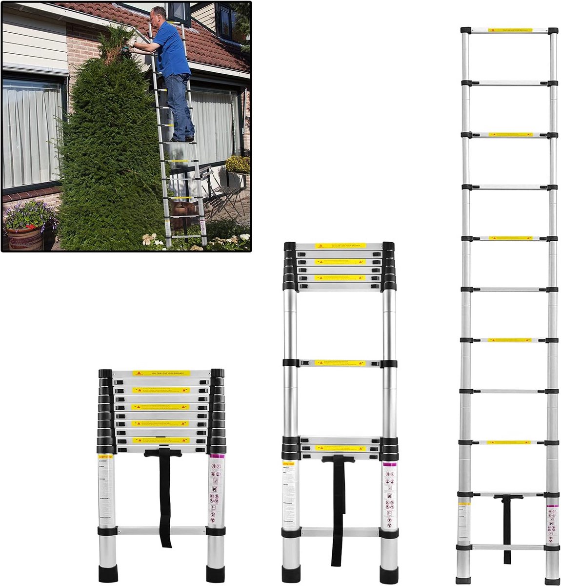 Telescopische ladder - Uitschuifbare ladder - Kluswerkzaamheden binnen - Robuuste aluminiumlegering - 32 meter - Zwart