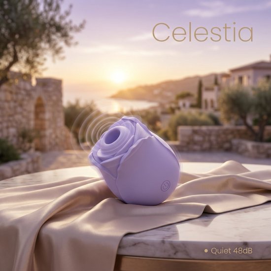 Lila rozenvormige vibrator met 'Celestia' logo en trillingsiconen, buiten bij zonsondergang.