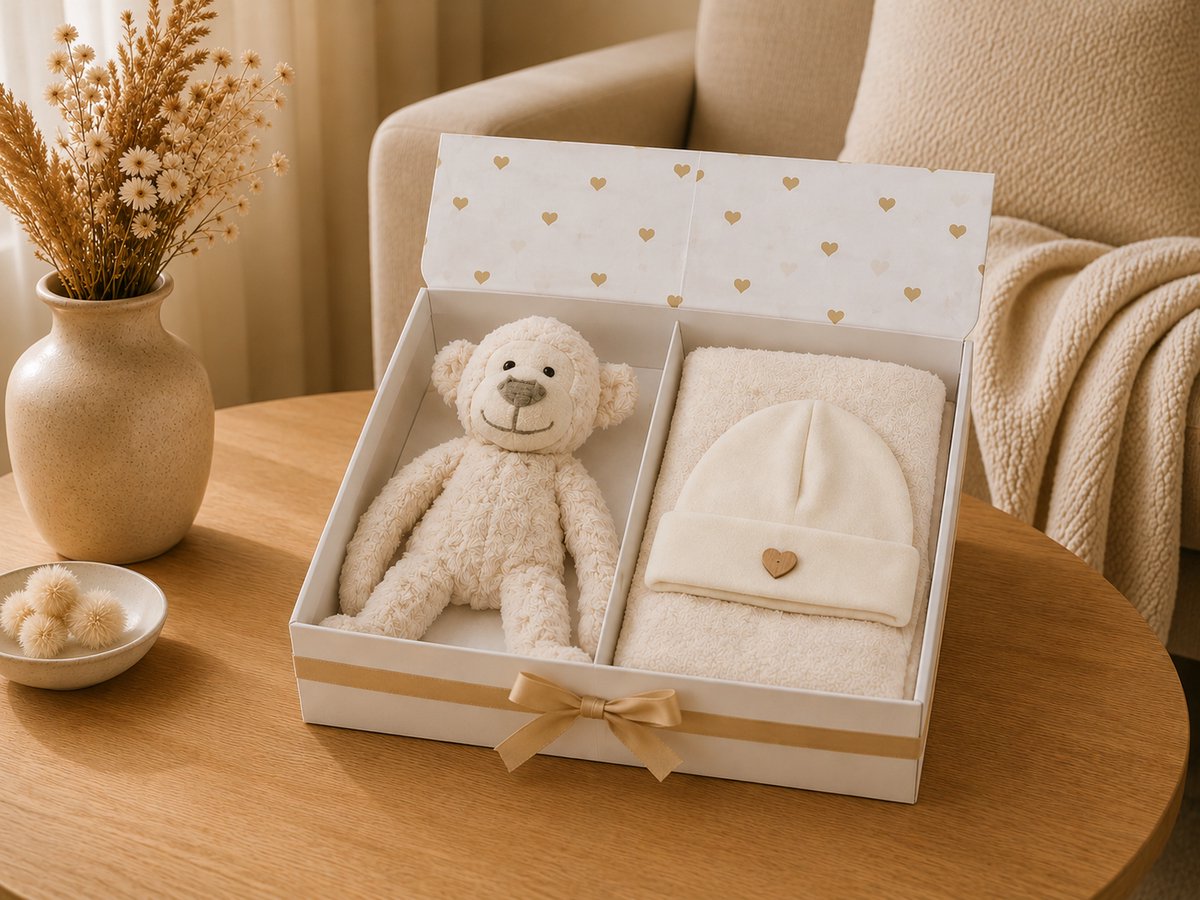Kraamcadeau voor Jongen of meisje UNISEX– Babyshower Cadeau & Gender Reveal Gift Box – Baby Cadeau Set - Mutsje, Slab, Knuffel slinger hang aapje beige