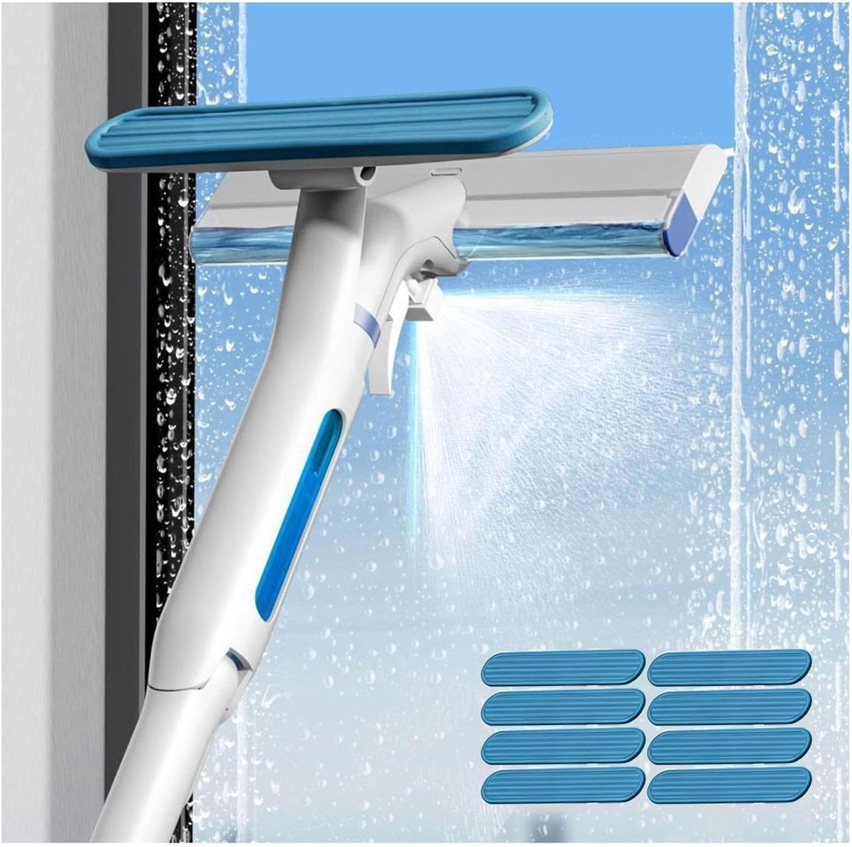 Raamwisser met sproeier - Raamreiniger tool - Glaswerk schoonmaken - Draaibare kop twee sproeimodi - 129.5 inch - Wit