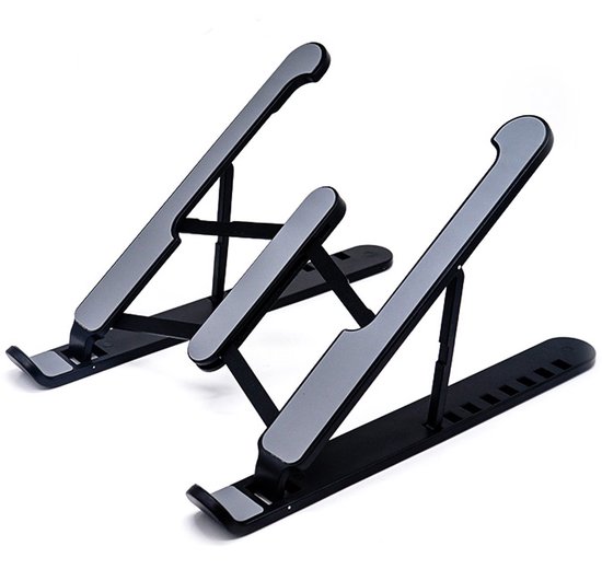 Deux supports pour ordinateur portable noirs pliables identiques avec des pièces antidérapantes grises.