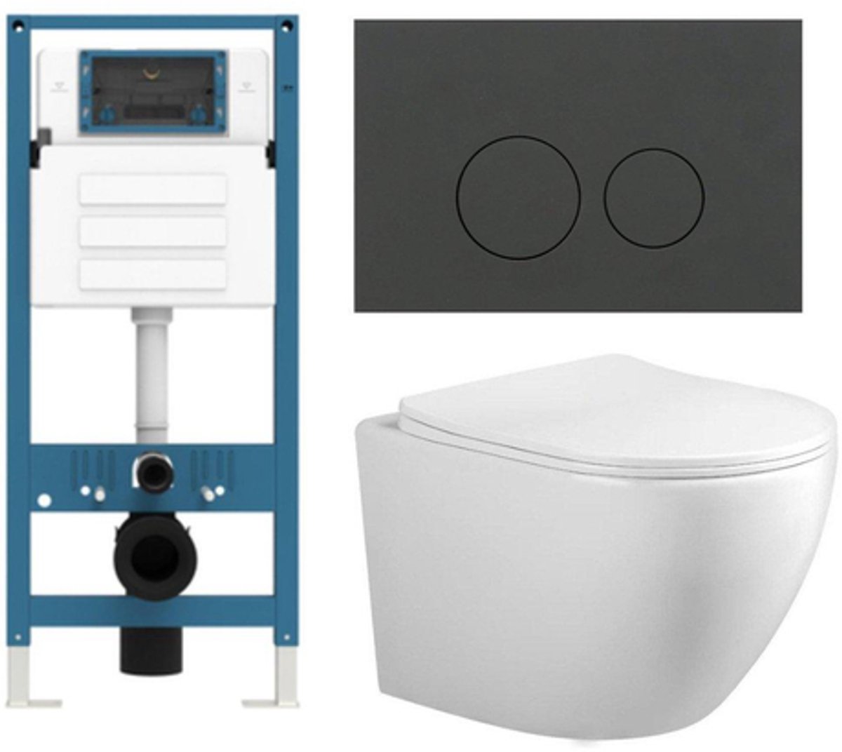 Adema Salina 2.0 Toiletset - 48.5x36x32cm - diepspoel - spoelrandloos - QeramiQ inbouwreservoir - softclose - quickrelease - toiletzitting - mat antraciet kunststof bedieningsplaat - ronde knoppen - wit