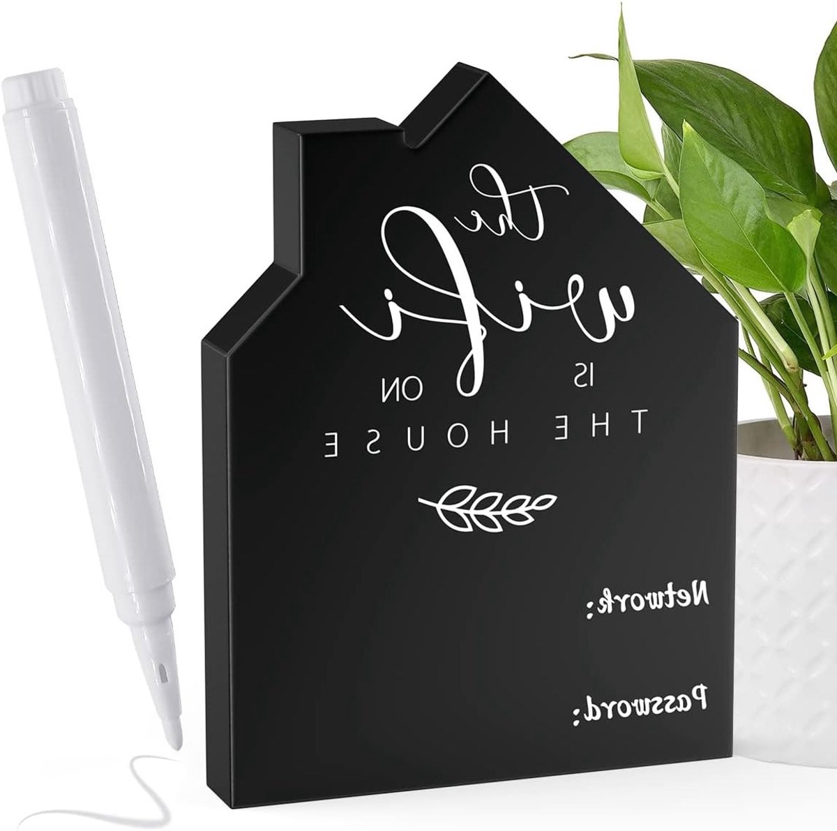 Houten WiFi Wachtwoord Bord voor Thuisgebruik - Vrijstaand Schoolbord Stijl met Uitwisbare Pen voor Gastenkamer en Bedrijfstafels (15x9cm)