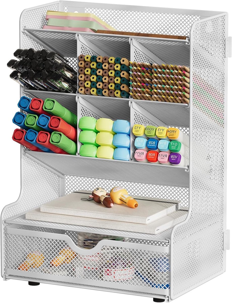 4-laagse mesh bureau organizer voor pennen en potloden - veelzijdige opbergruimte met lade, wit