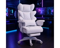 Dowinx Gamingstoel - Ergonomische Bureaustoel - Verstelbaar - Gaming Chair - Comfort gamer stoel - Pocketvering Zitkussen - Dubbele Zachte Rugleuning - Verstelbaar Lendenkussen - Met armleuningen - Met voetsteun - Stof -Wit