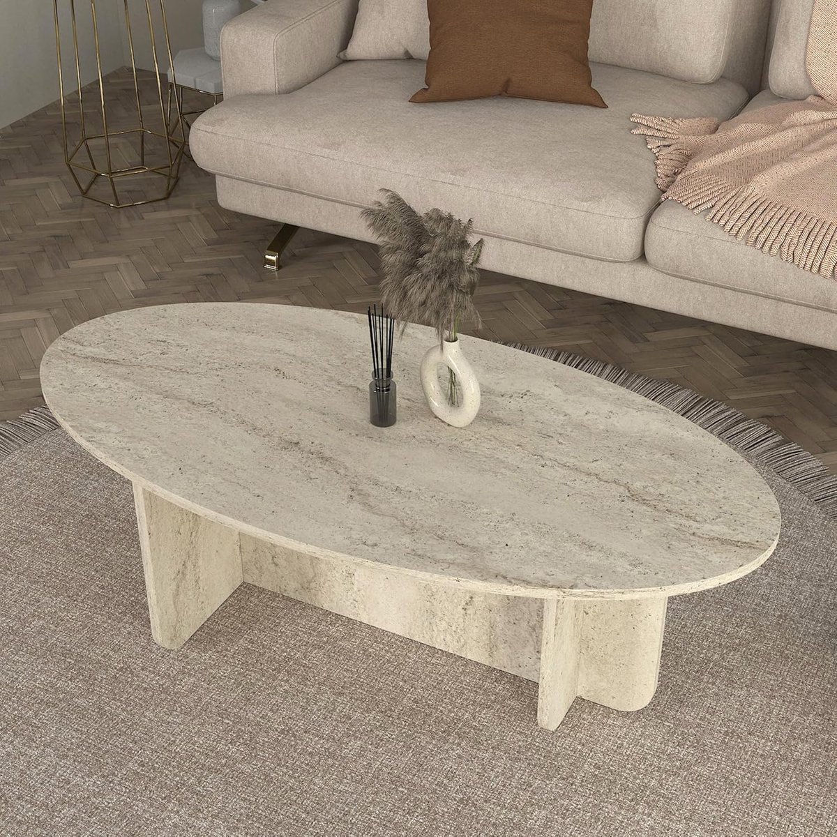 Salontafel Ovaal 120 x 60 x 40 cm – Travertin Look Woonkamertafel in Beige Steenlook, Moderne Koffietafel met Design Paneelpoten voor Woonkamer, Scandinavisch & Japandi – Mobili Bella