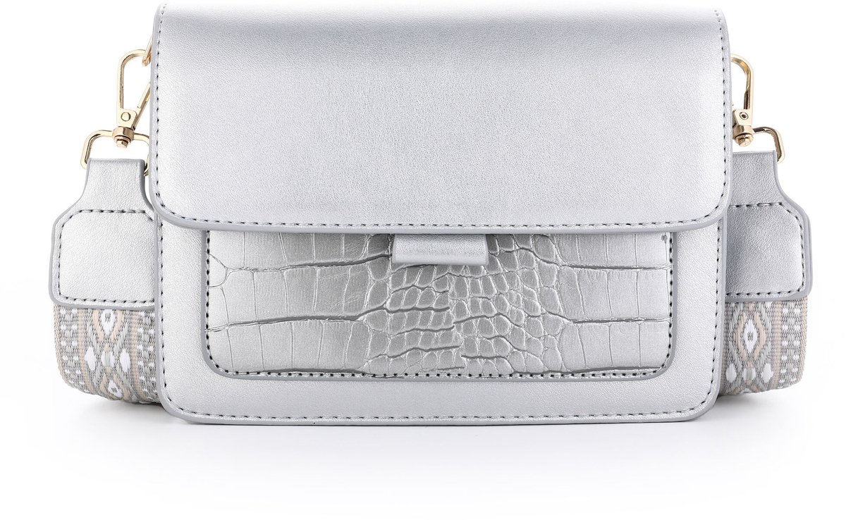Michelle Bags & Accessoires - Dames schoudertas - Zilverkleurig - Croco design - Chique riem