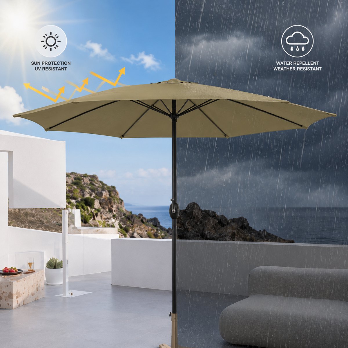 Stokparasols - Strandparasols - Balkonparasols - Parasol - 350cm - Waterdicht - UV-bescherming - Beige - Weerbestendig & in hoogte verstelbaar Balkonparasol Tuinparasol Patioparasol Zonwering UV-bescherming Opvouwbare marktparasol – foto 5