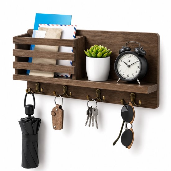 Houten wandplank met postvak, plantje, wekker, paraplu, sleutels en zonnebril.