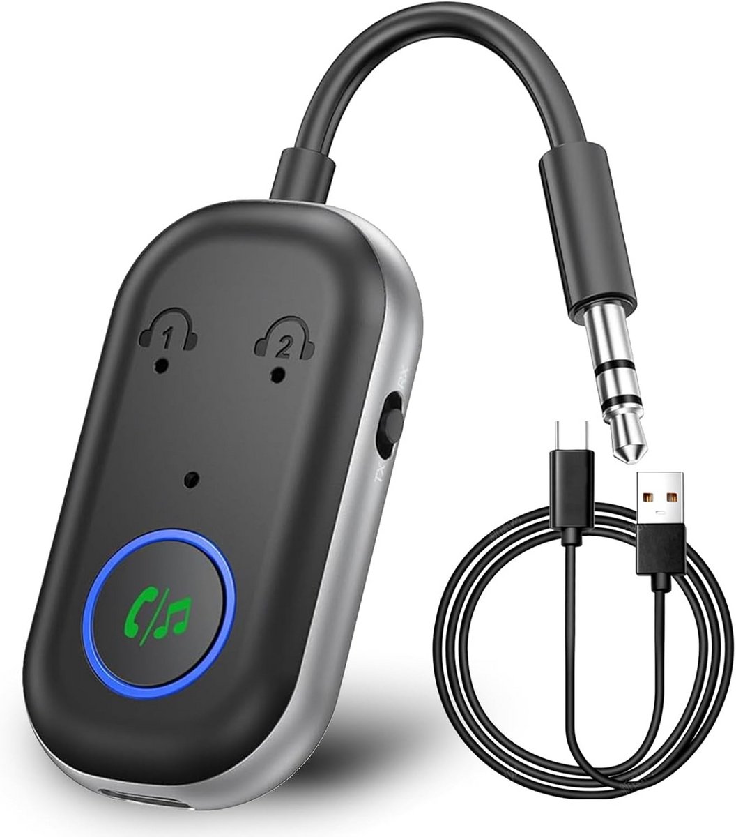 Bluetooth Adapter - Audio Zender Ontvanger - Draadloos Muziek Luisteren - Verbind Twee Koptelefoons - Bluetooth 5.3 - Zwart