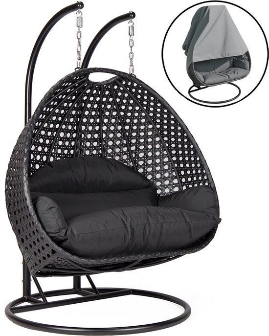 Hangstoel Dubai met Weerhoes - Zwart Frame - met Luxe Kussen -146*70*124 - 2 persoons schommelstoel