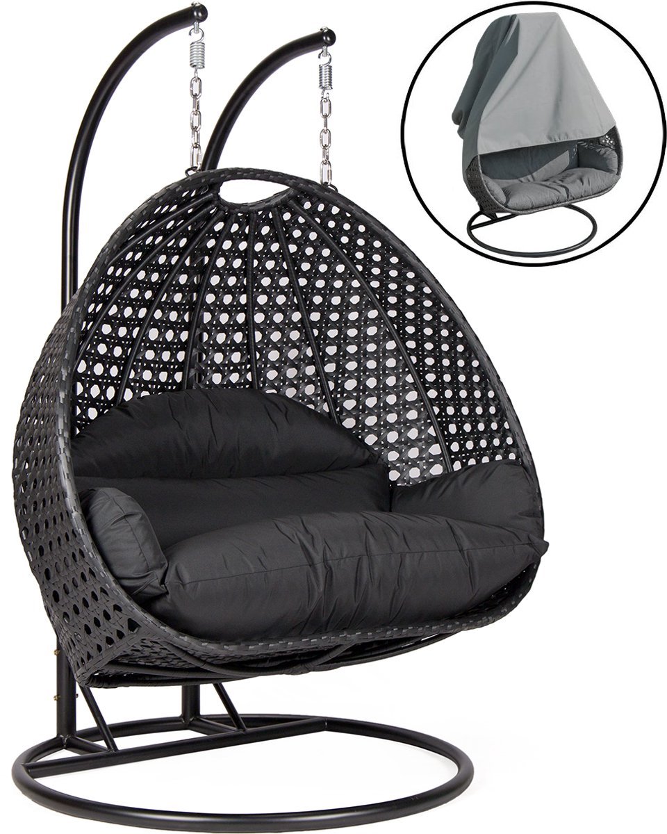 Bol.com Hangstoel Dubai met Weerhoes - Zwart Frame - met Luxe Kussen -146*70*124 - 2 persoons schommelstoel aanbieding