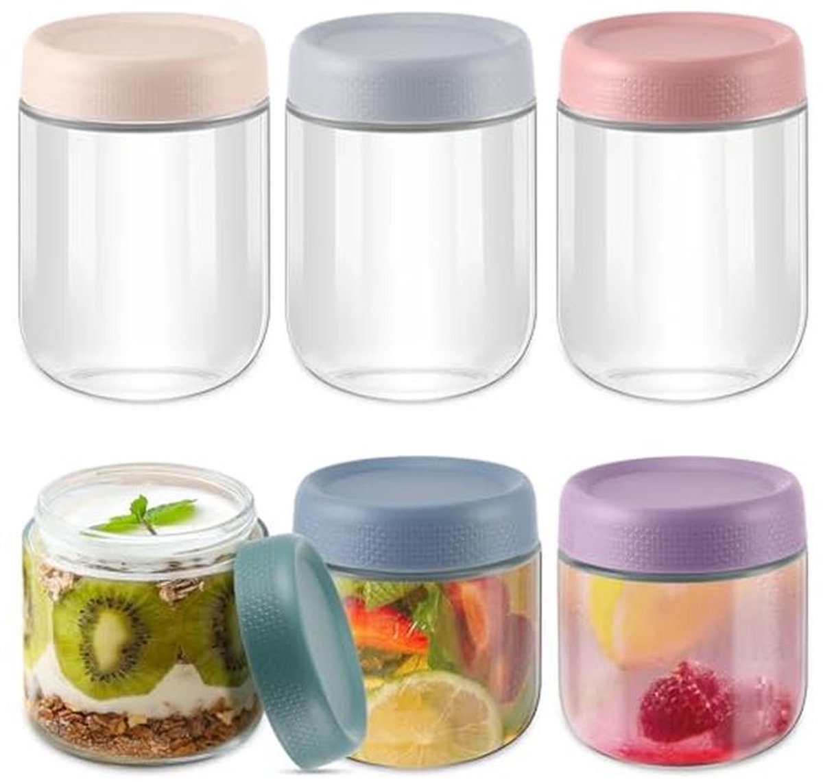 Glazen Potten - Bewaar Glazen - Voedsel Bewaren - Lekvrij Ontwerp - 6 Stuks 480ml - Multicolor