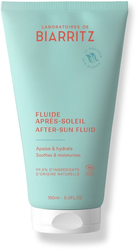 Lichtblauwe tube met 'Laboratoires de Biarritz' logo, tekst 'FLUIDE APRÈS-SOLEIL AFTER-SUN FLUID' en biologisch logo.