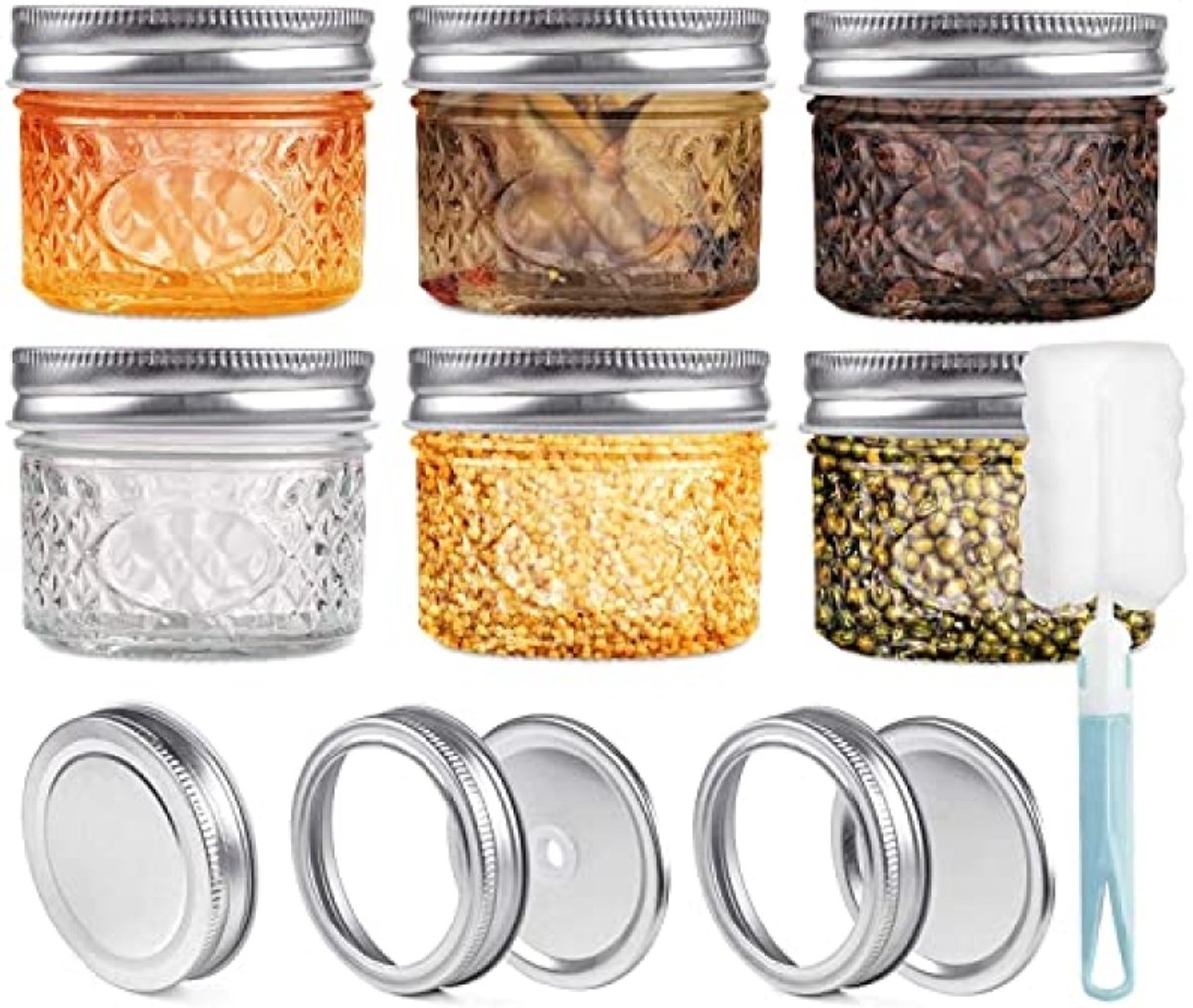PromoHome Glazen Voorraadpotten met Deksels 240ml – 6 Stuks Set voor Inblikken, Jam, Honing, Yoghurt – Inclusief 18 Reserve Deksels