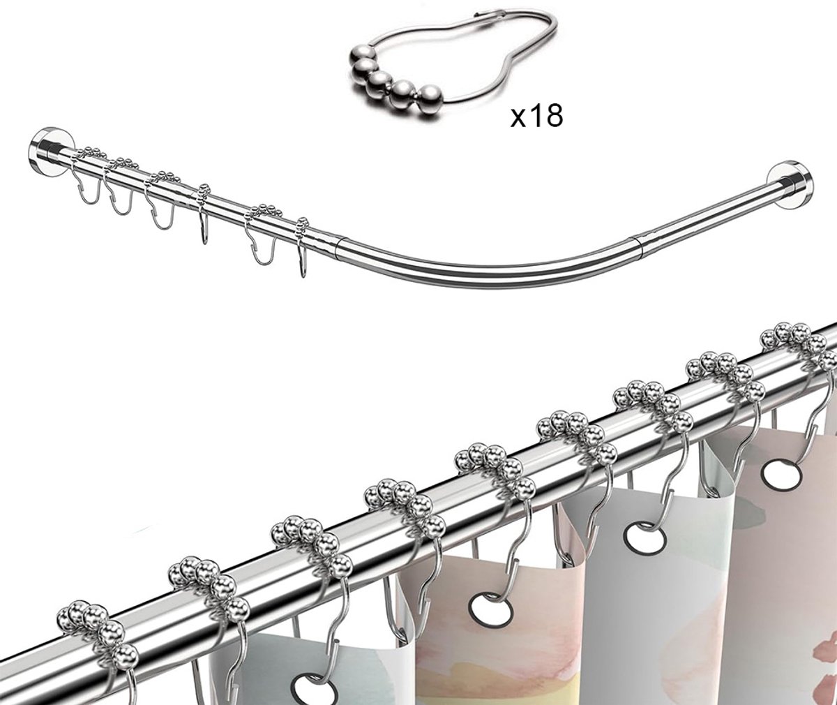 Douchestang Uitschuifbaar - Douchegordijnstang - Gebogen Douchestang - Zonder Boren - Badkameraccessoire - tot 10 kg - Zilver
