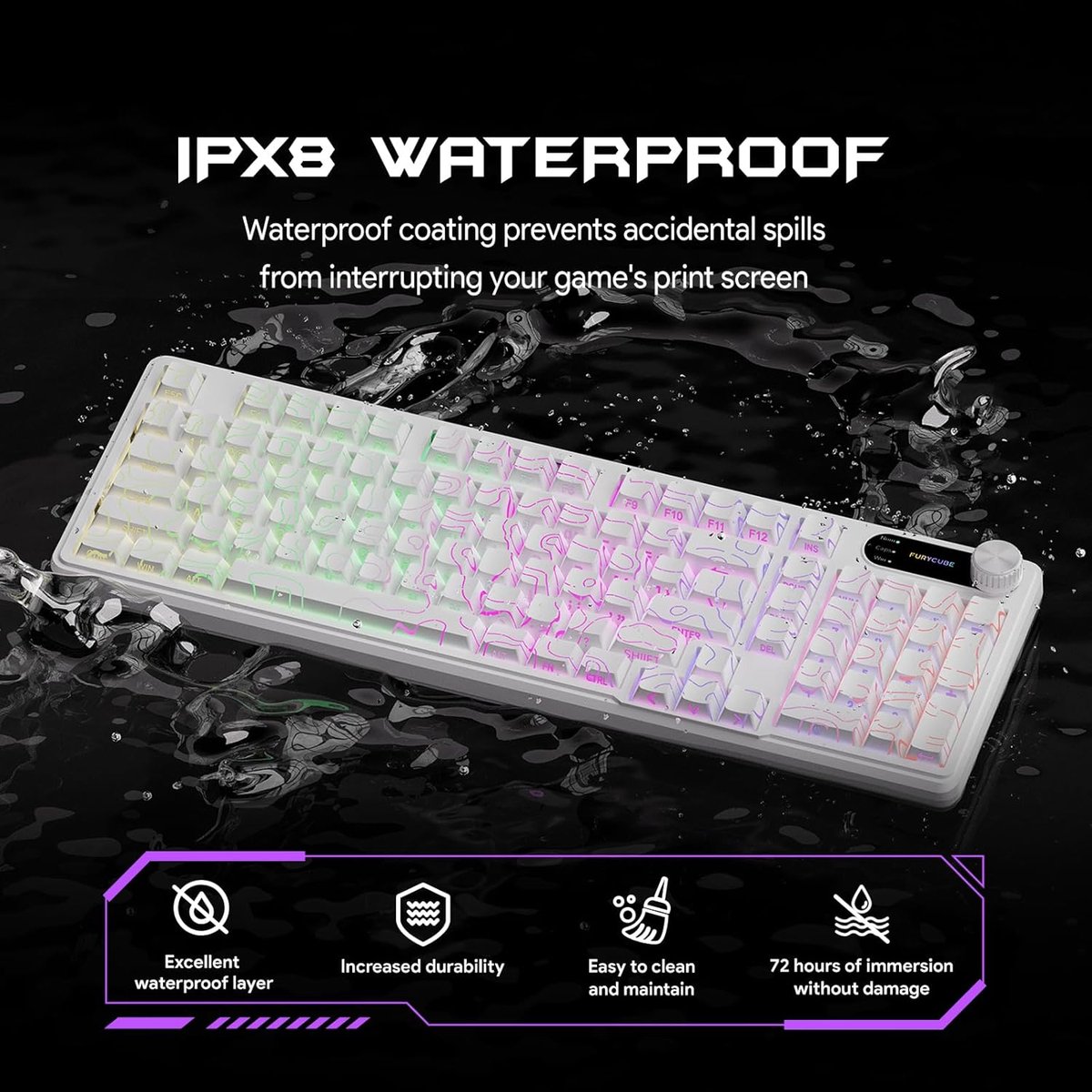 Furycube IP98 PRO - Mechanisch-Feeling Gaming Toetsenbord - 98 Toetsen - RGB Verlichting - Bedraad - 5000mAh Batterij - Wit thumbnail 3