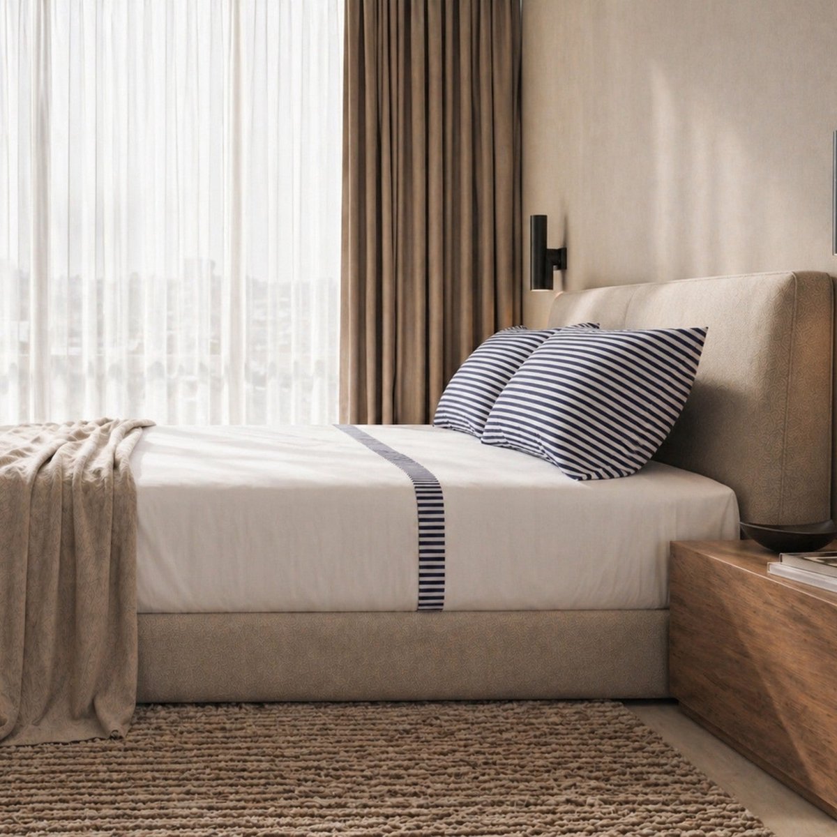 The White Stone Lakenset Eenpersoons 100% Katoen met Grijze Streep Bies Blauw | Hoeslaken, Laken en 1 Kussensloop