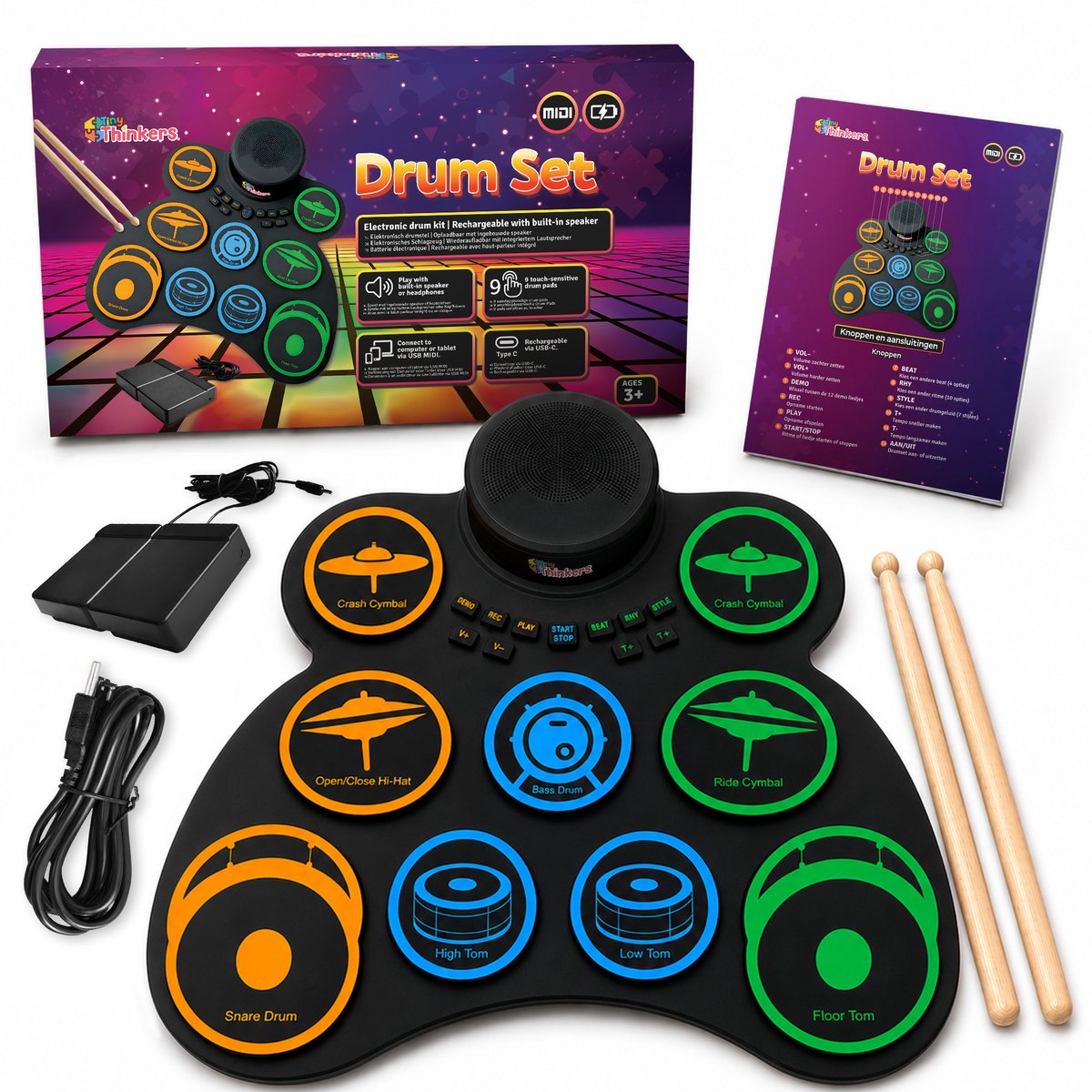 Elektrisch Drumstel voor Kinderen – Volwassenen – Oprolbaar Elektronisch Drumstel met 9 Drumpads – Inclusief Drumsticks, Voetpedalen, Speaker – Oplaadbaar Muziek Speelgoed