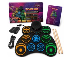 Elektrisch Drumstel voor Kinderen – Volwassenen – Oprolbaar Elektronisch Drumstel met 9 Drumpads – Inclusief Drumsticks, Voetpedalen, Speaker – Oplaadbaar Muziek Speelgoed